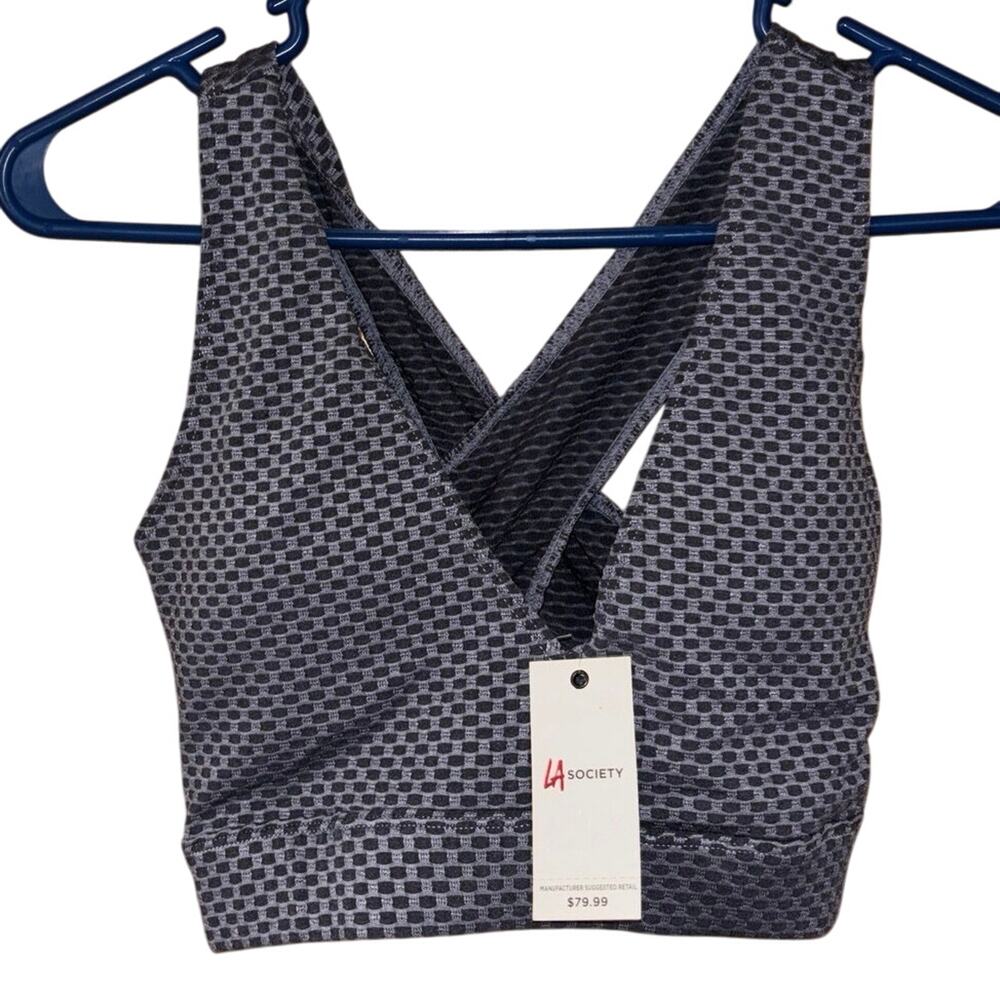 LA Society women’s checkered gray black cross back sports bra top NWT medium
